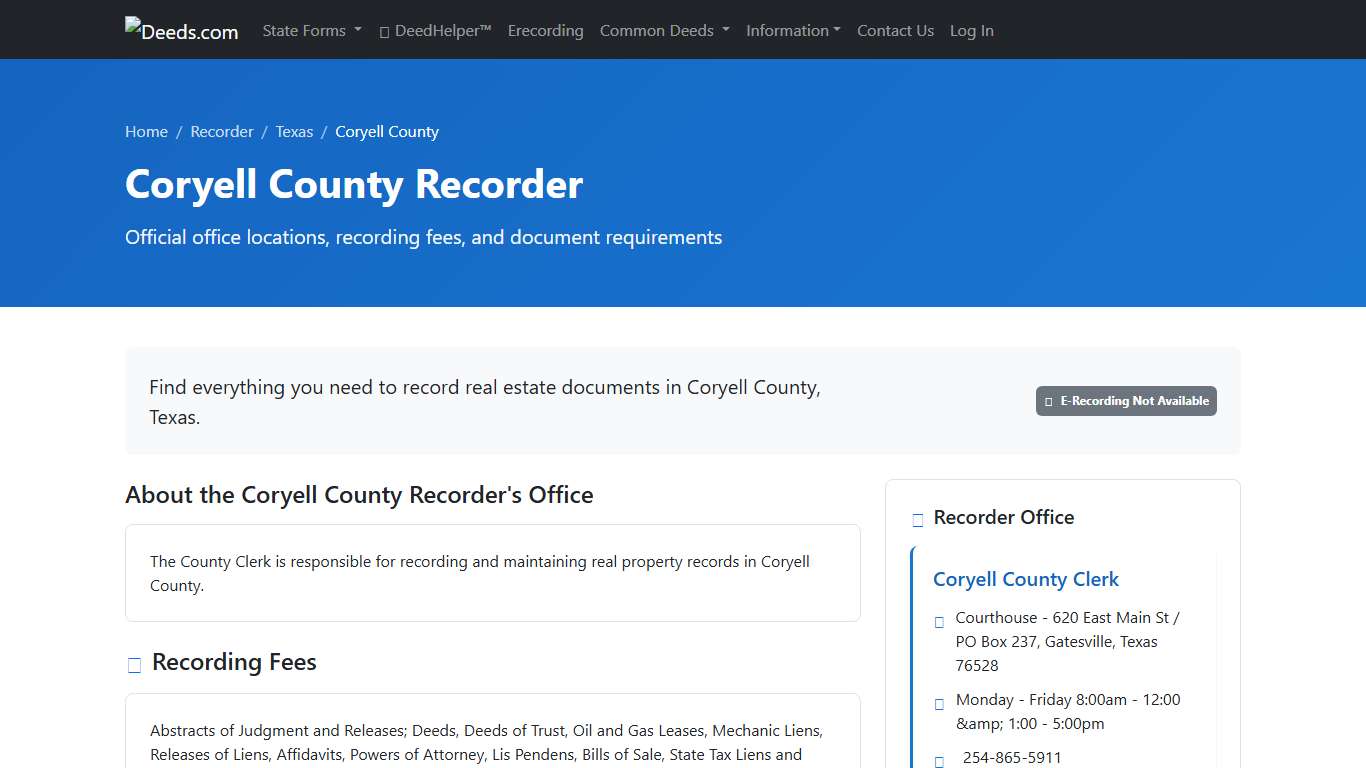 Coryell County Recorder Information, Texas - Deeds.com