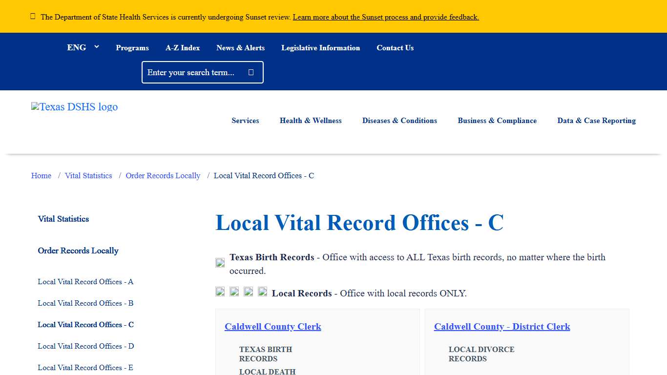 Local Vital Record Offices - C Texas DSHS
